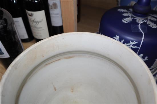 A Wedgwood 19th century blue and white Jasperware stilton dish and cover and two Jasperware jardinieres,